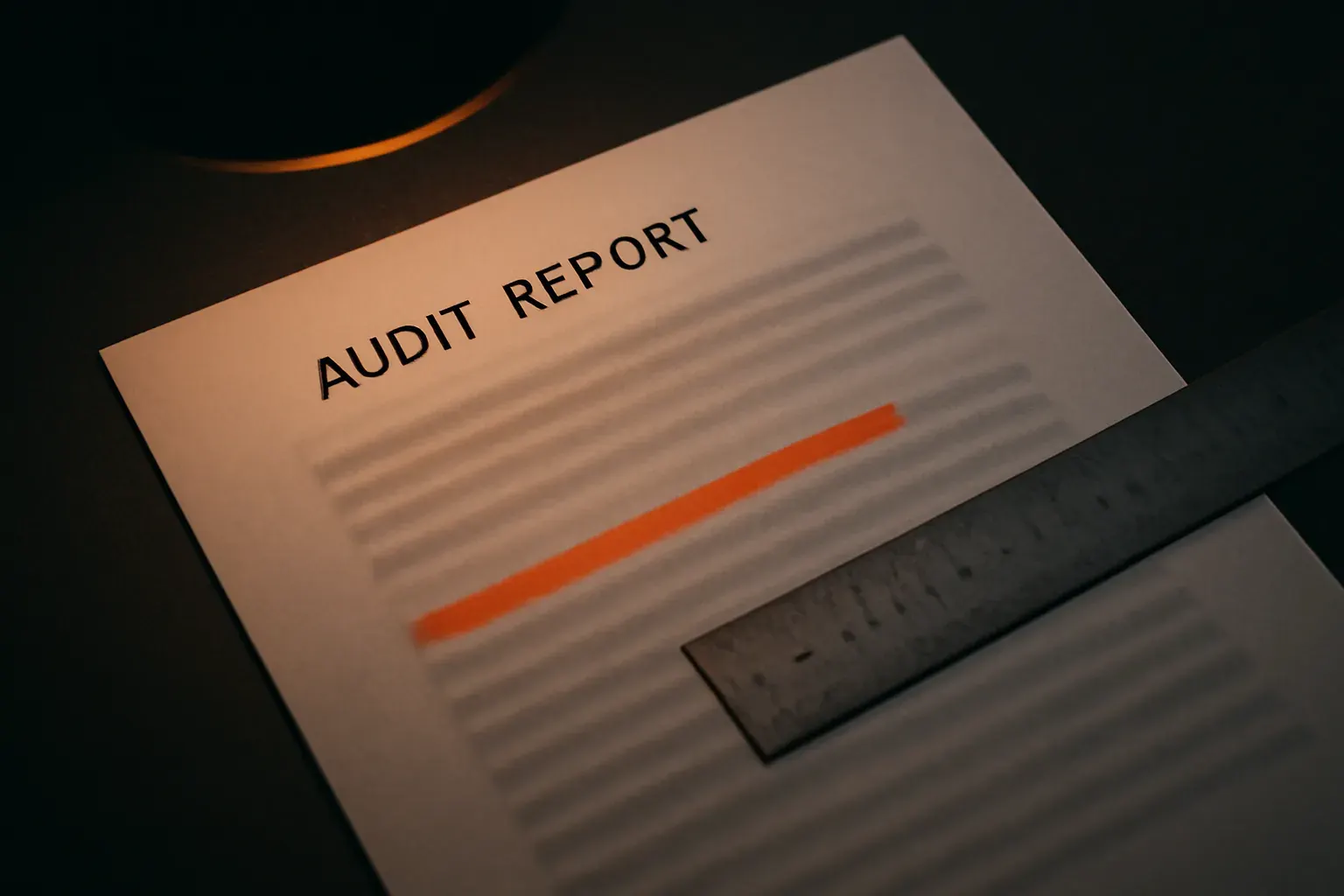 Duotone graphite and vermilion photograph of a printed audit report page with a vermilion highlighter mark and a ruler across the corner.