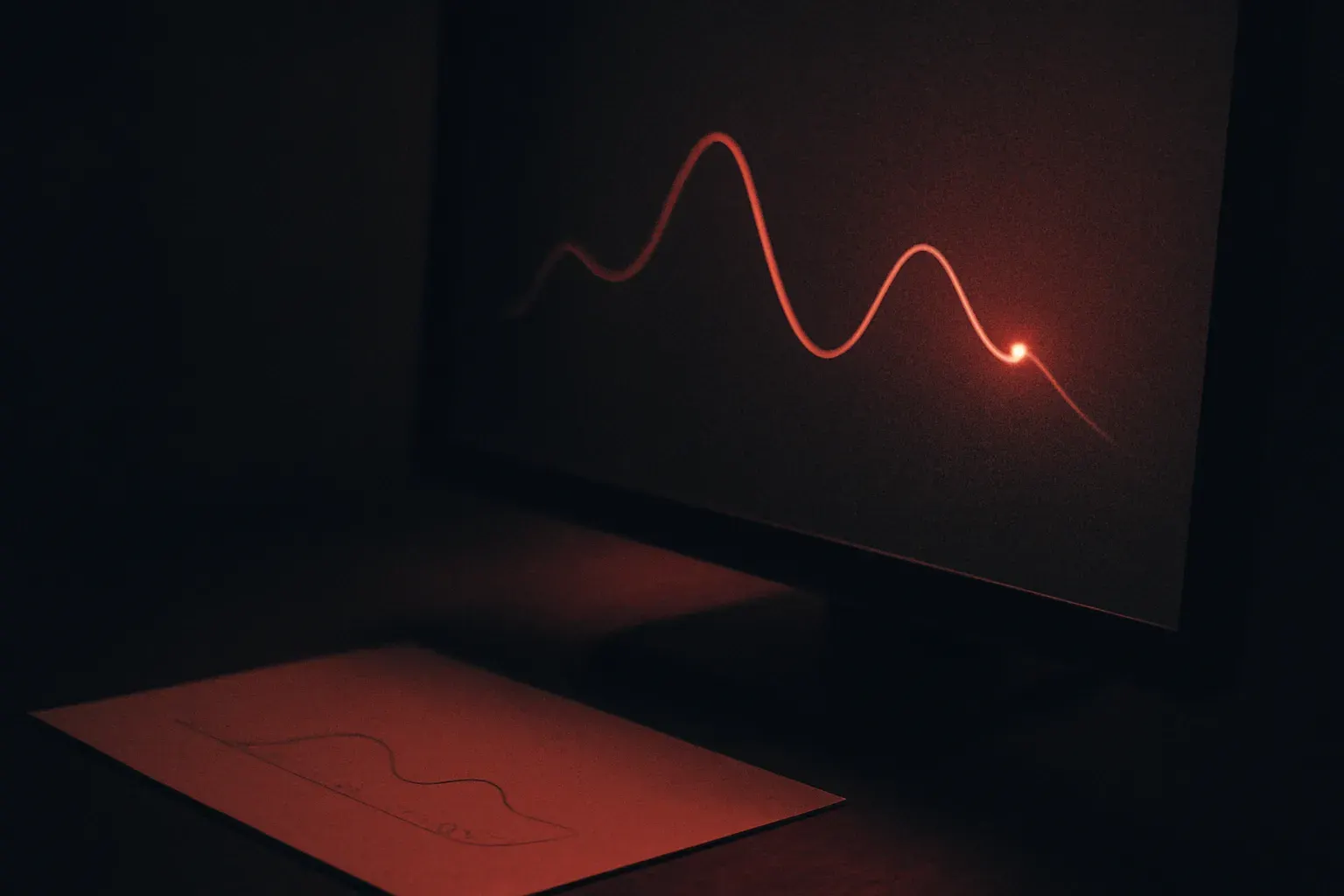 Duotone graphite and vermilion photograph of a dark monitor displaying an abstract field-data line chart with one glowing vermilion data point.