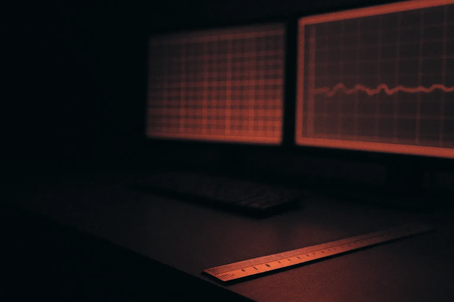 Duotone graphite and vermilion photograph of a dark desk with dual monitors showing abstract data patterns and a steel measuring rule in the foreground.