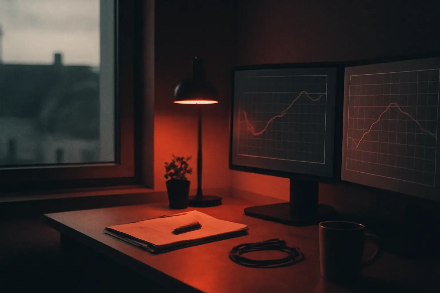 Duotone graphite and vermilion photograph of an evening desk workspace with two monitors, printed pages and a window overlooking rooftops, no people visible.