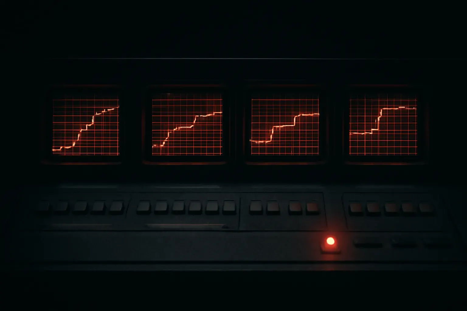 Duotone graphite and vermilion photograph of a dark console of small monitors showing abstract data readouts, one status light glowing vermilion.