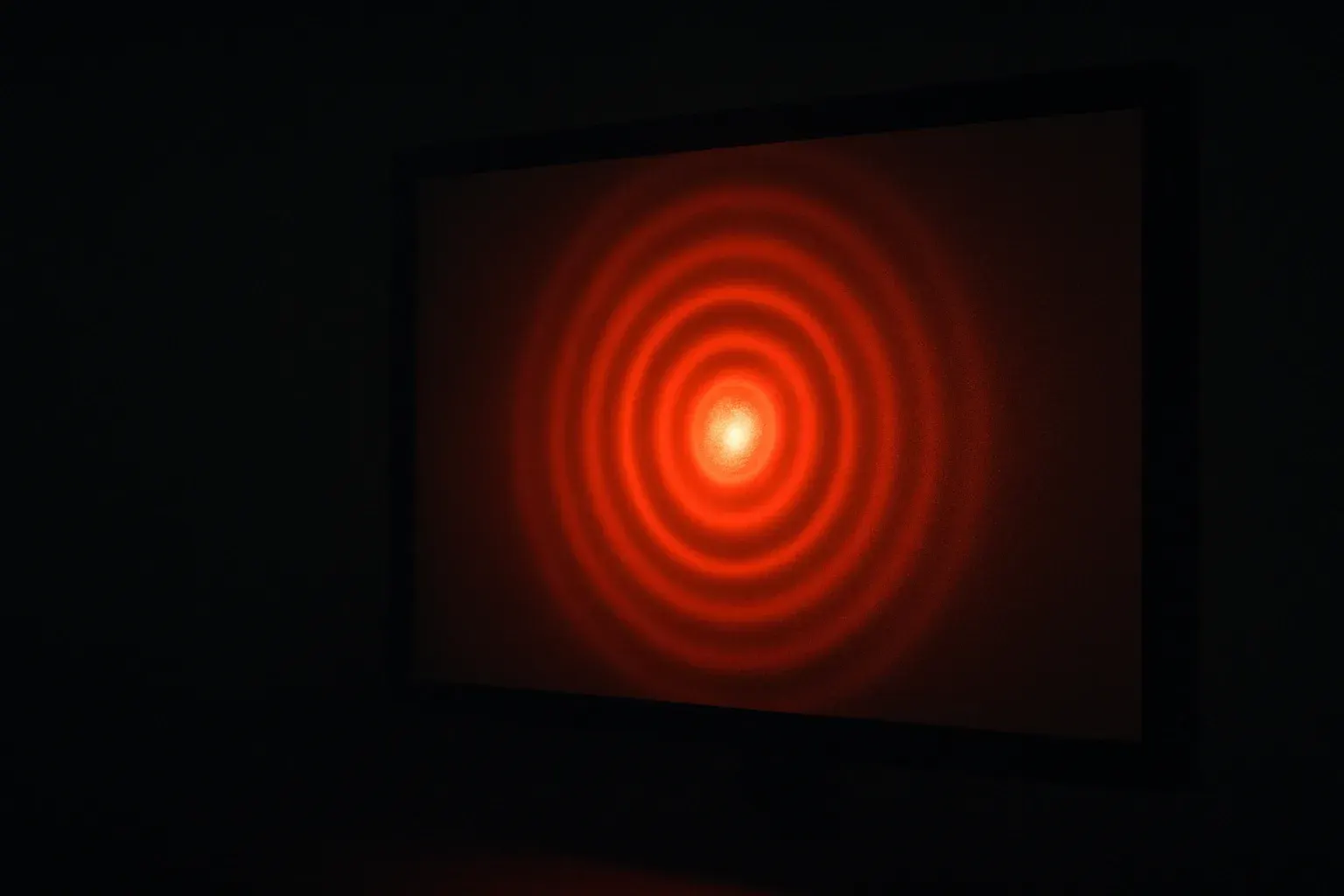 Duotone graphite and vermilion photograph of a dark monitor glowing with an abstract radiating ring pattern.