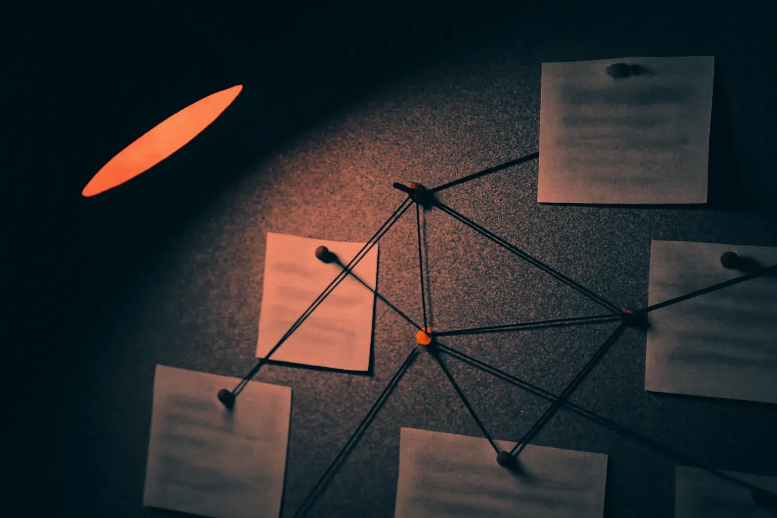 Duotone graphite and vermilion photograph of pinned pages connected by taut strings on a dark corkboard, one thread glowing vermilion.