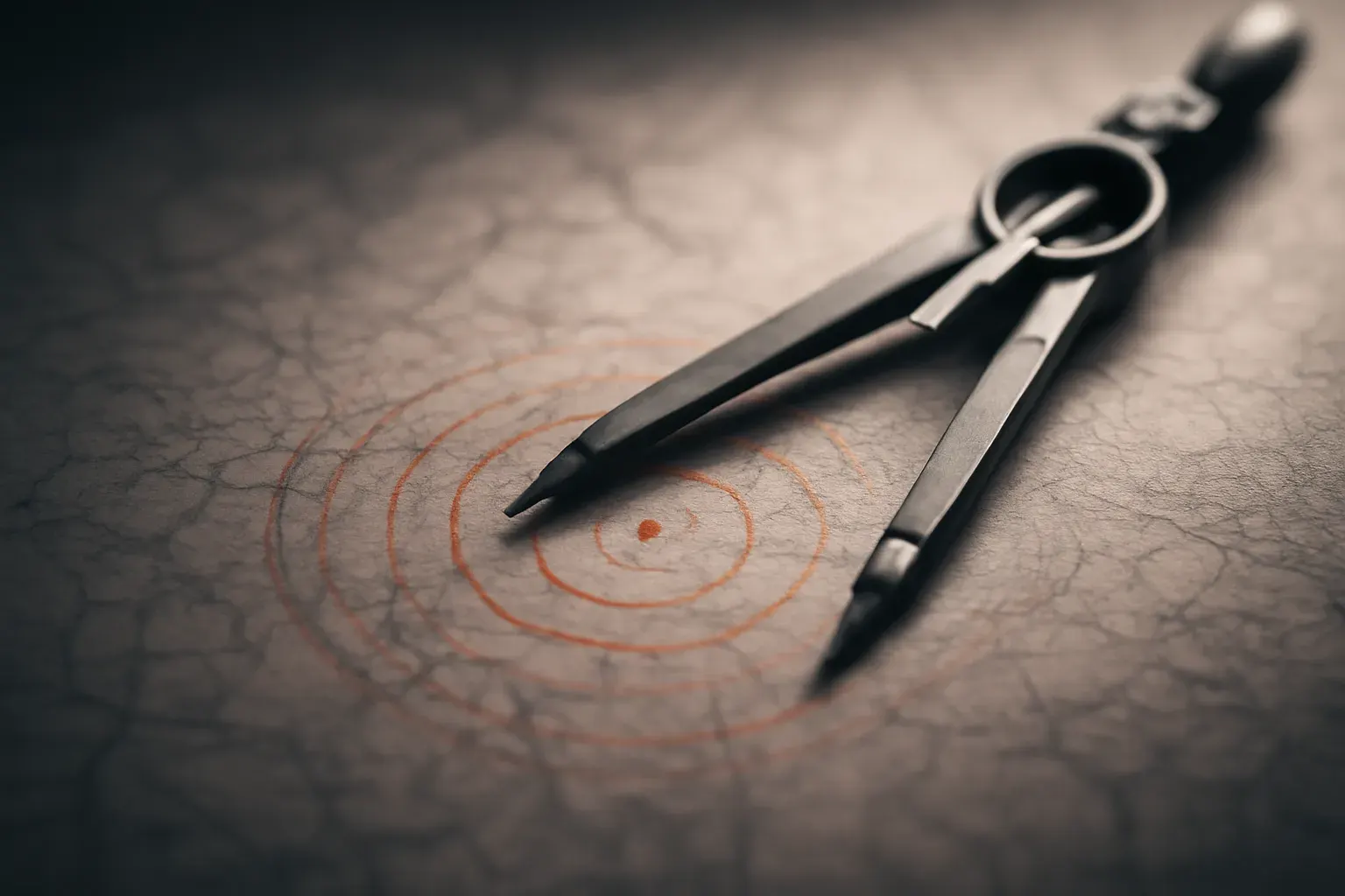 Duotone graphite and vermilion photograph of a compass instrument marking a point on a blurred map, surrounded by graduated rings.