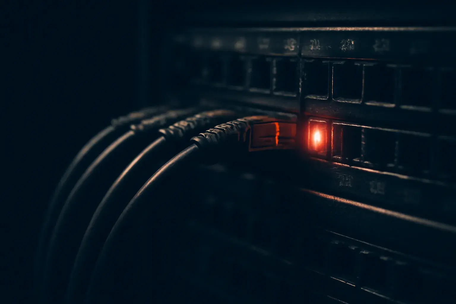 Duotone graphite and vermilion macro photograph of a network patch panel and cabling, one status light glowing vermilion.